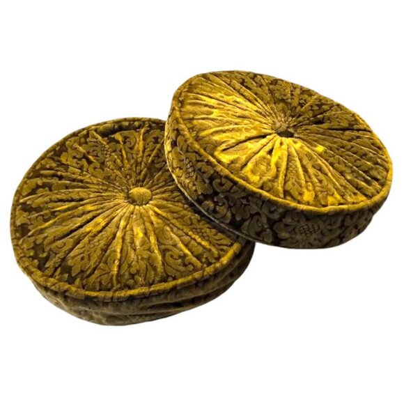 Set 2 Vintage Round Gathered Crush Velvet floral Cushions Chic Filled Luxury - Picture 7 of 16